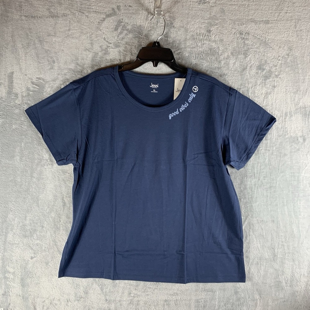Jenni Womens Top XL Good Vibes Only Blue Short Sleeve Round Neck Tee T Shirt NWT